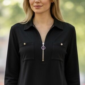 Grace Black Button Down Shirt with Zipper, Gold hardware